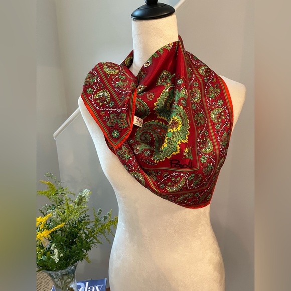 PAOLI Paisley Floral Scarf Red Yellow 27”x27” Made in Japan - Picture 10 of 13